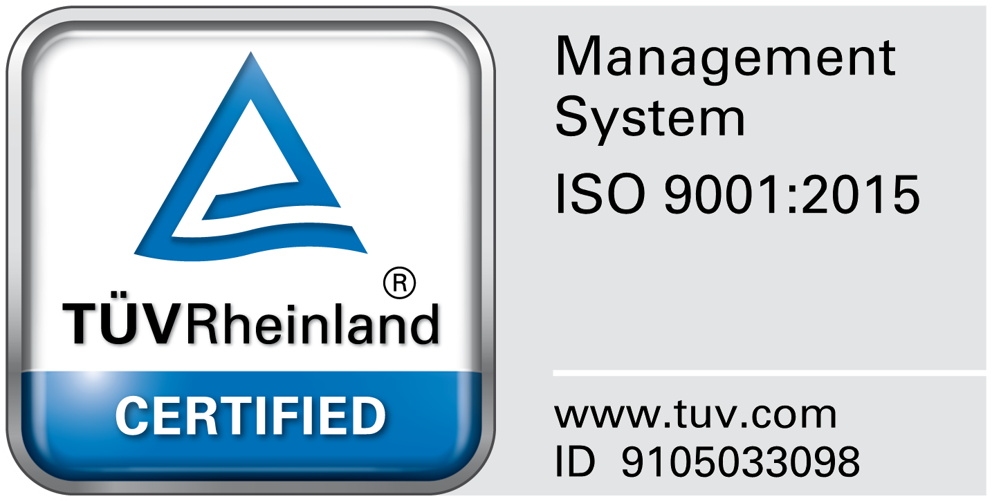 TÜV Rheinland — ISO 9001:2015 certified, mark ID 9105033098